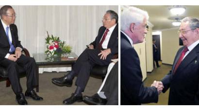 Raúl Castro con Ban Ki-Moon y Thomas Donohue