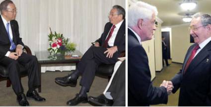 Raúl Castro con Ban Ki-Moon y Thomas Donohue